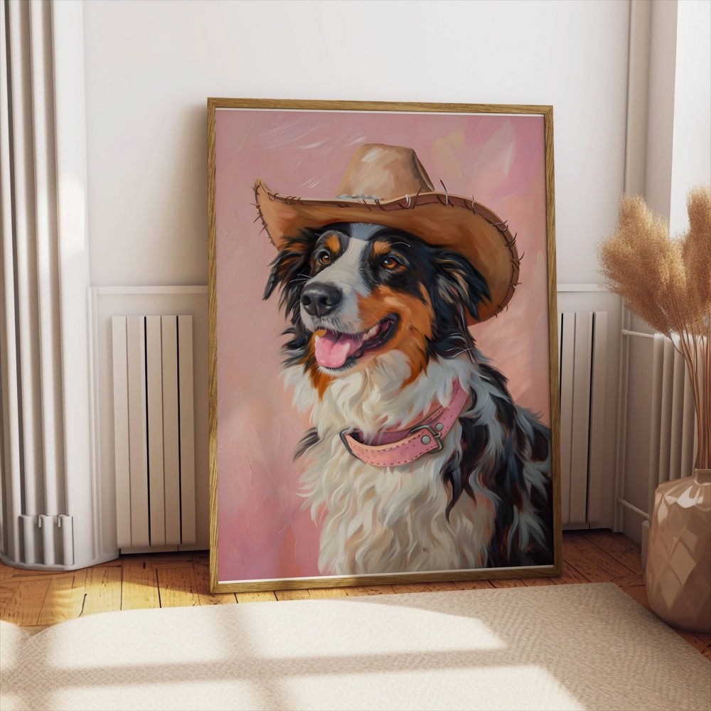 Premium Poster of Dog Wearing Cowboy Hat Pink Background Posters