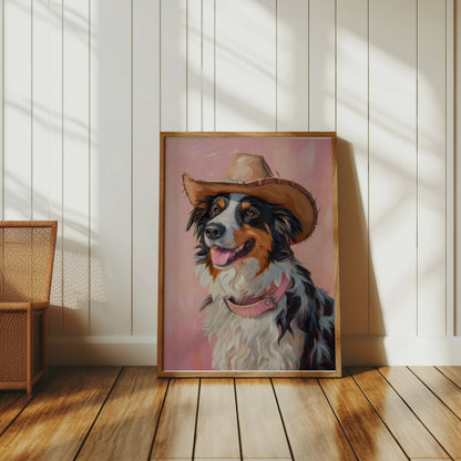 Premium Poster of Dog Wearing Cowboy Hat Pink Background Posters