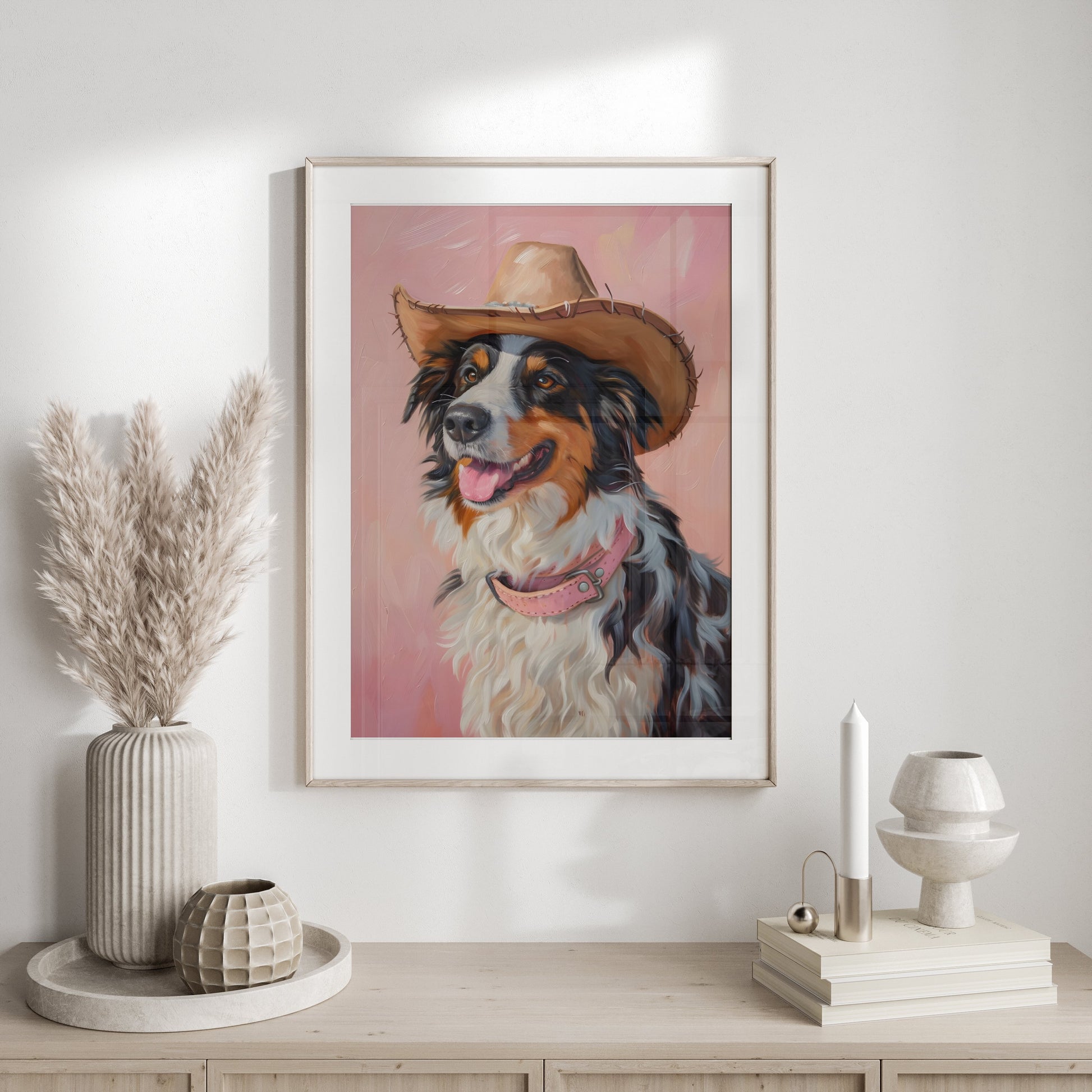 Premium Poster of Dog Wearing Cowboy Hat Pink Background Posters