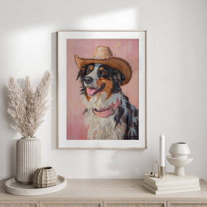 Premium Poster of Dog Wearing Cowboy Hat Pink Background Posters