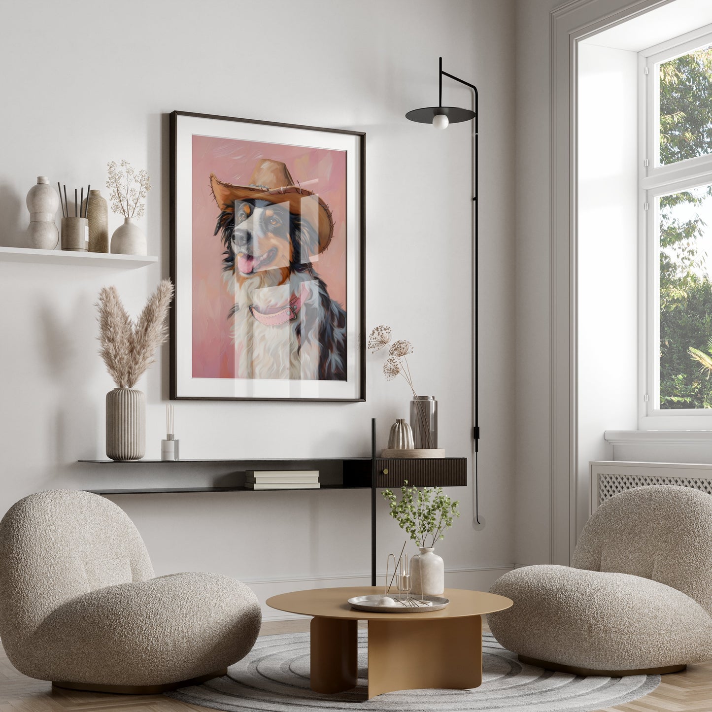 Premium Poster of Dog Wearing Cowboy Hat Pink Background Posters