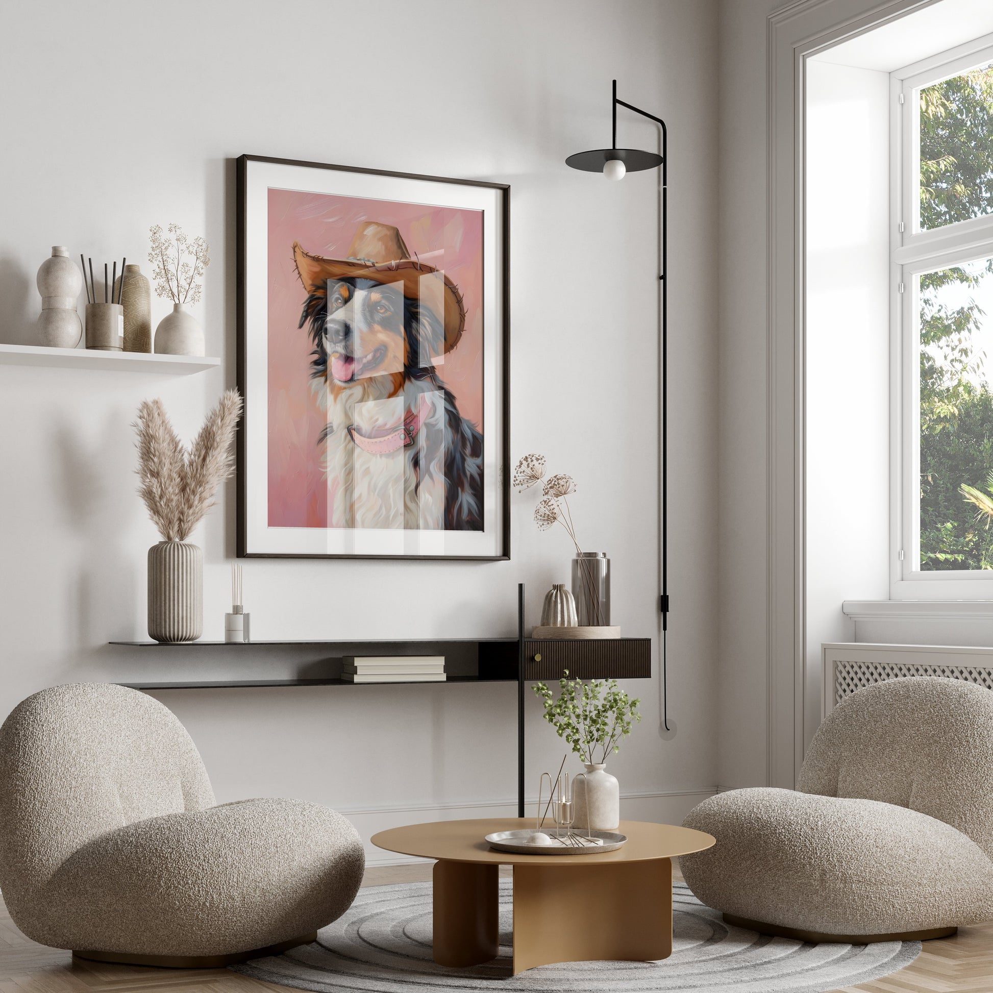 Premium Poster of Dog Wearing Cowboy Hat Pink Background Posters
