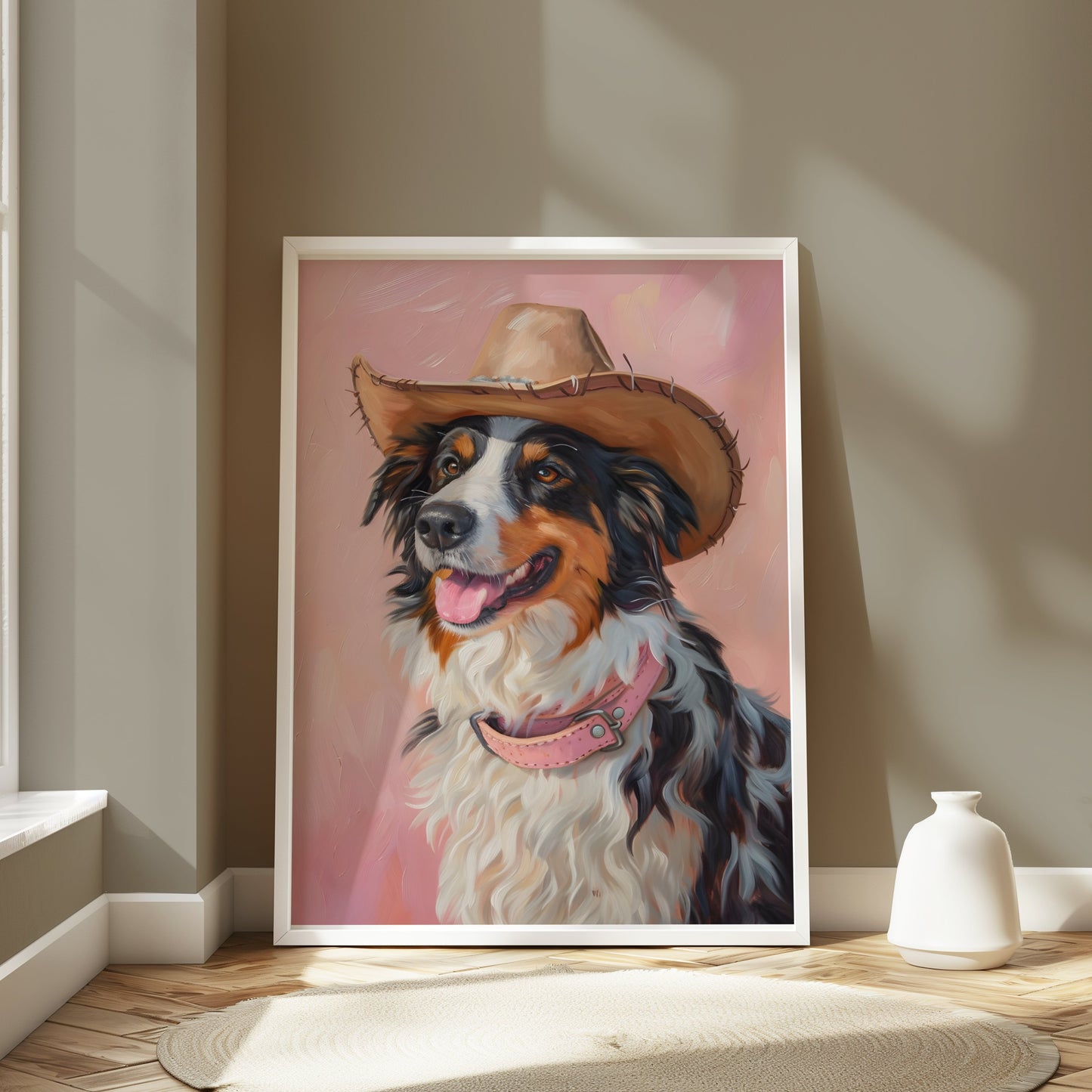 Premium Poster of Dog Wearing Cowboy Hat Pink Background Posters
