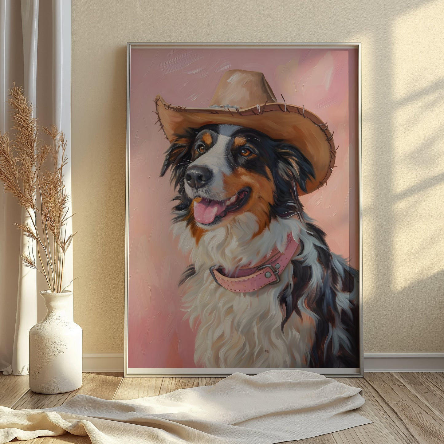 Premium Poster of Dog Wearing Cowboy Hat Pink Background Posters