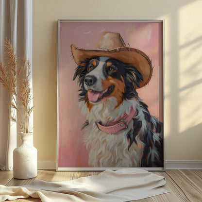 Premium Poster of Dog Wearing Cowboy Hat Pink Background Posters