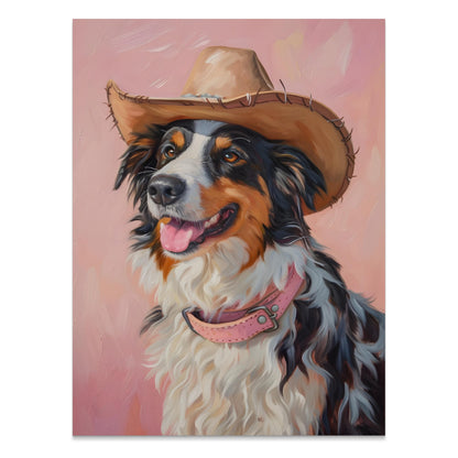 Premium Poster of Dog Wearing Cowboy Hat Pink Background Posters