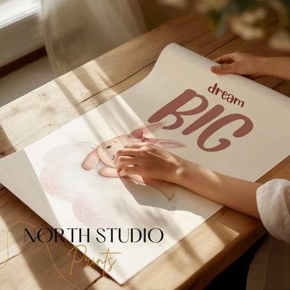 Premium Poster of Dream Big Cute Bunny Lying on Cloud Posters
