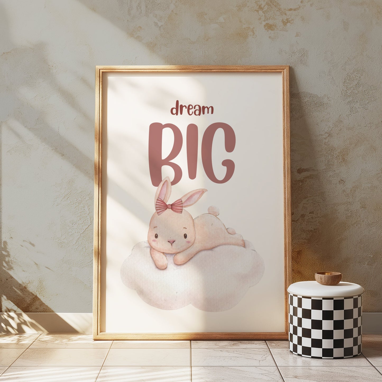 Premium Poster of Dream Big Cute Bunny Lying on Cloud Posters