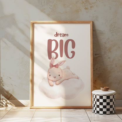 Premium Poster of Dream Big Cute Bunny Lying on Cloud Posters