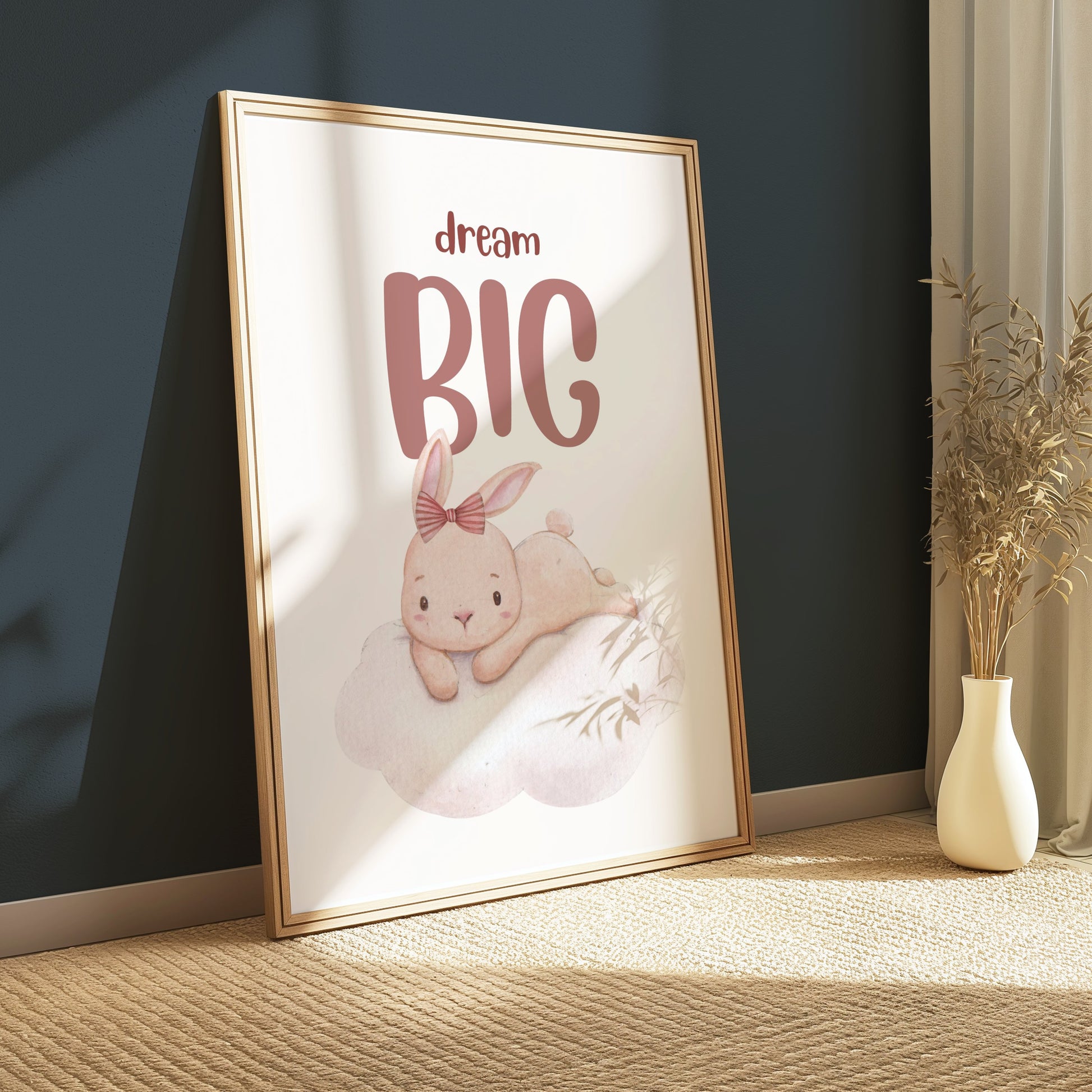 Premium Poster of Dream Big Cute Bunny Lying on Cloud Posters