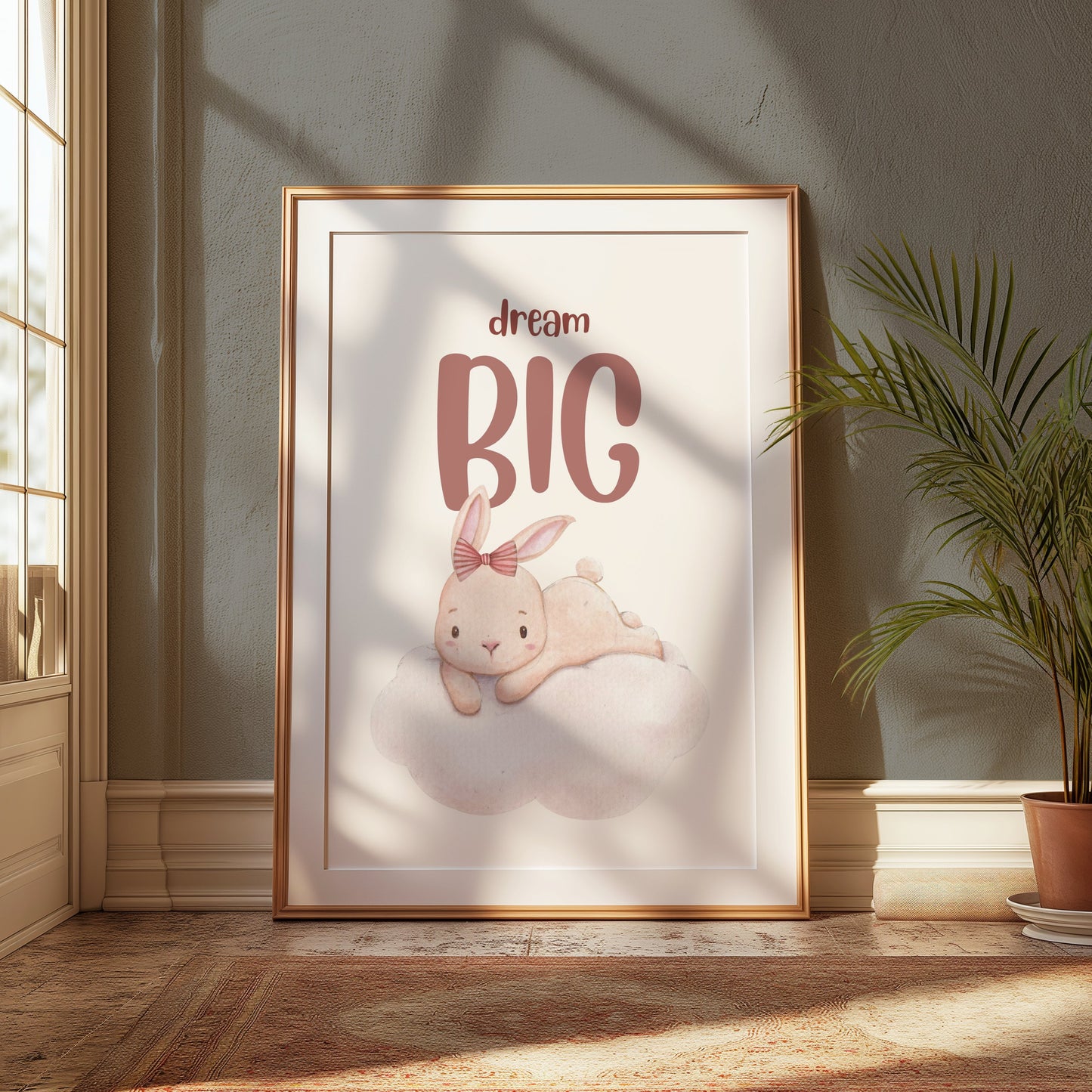 Premium Poster of Dream Big Cute Bunny Lying on Cloud Posters
