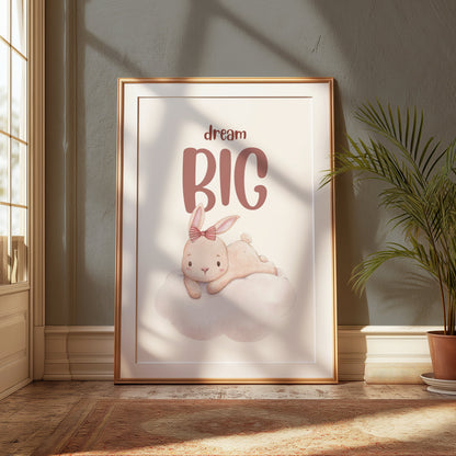 Premium Poster of Dream Big Cute Bunny Lying on Cloud Posters