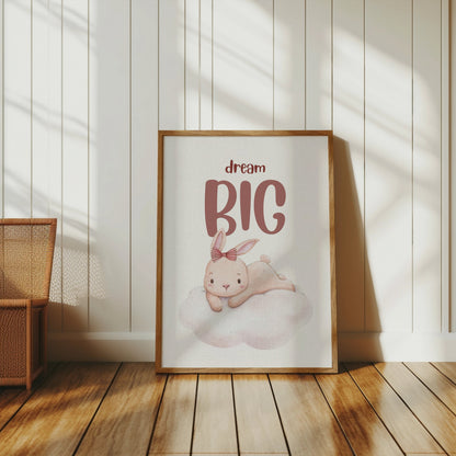 Premium Poster of Dream Big Cute Bunny Lying on Cloud Posters