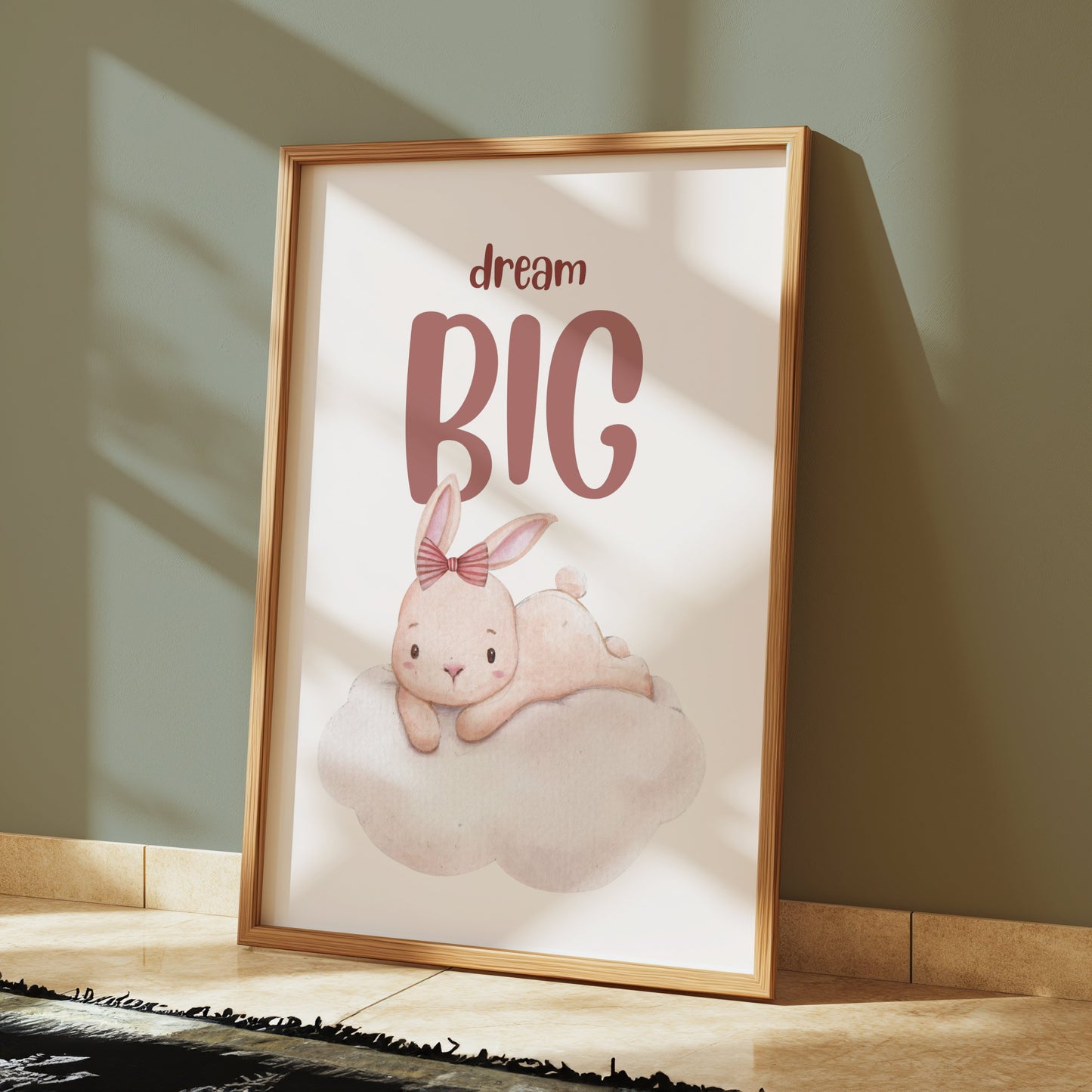 Premium Poster of Dream Big Cute Bunny Lying on Cloud Posters
