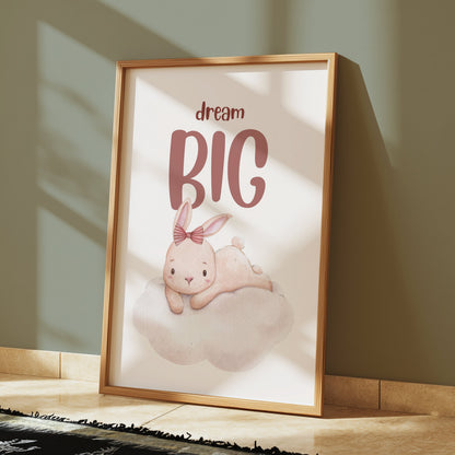 Premium Poster of Dream Big Cute Bunny Lying on Cloud Posters