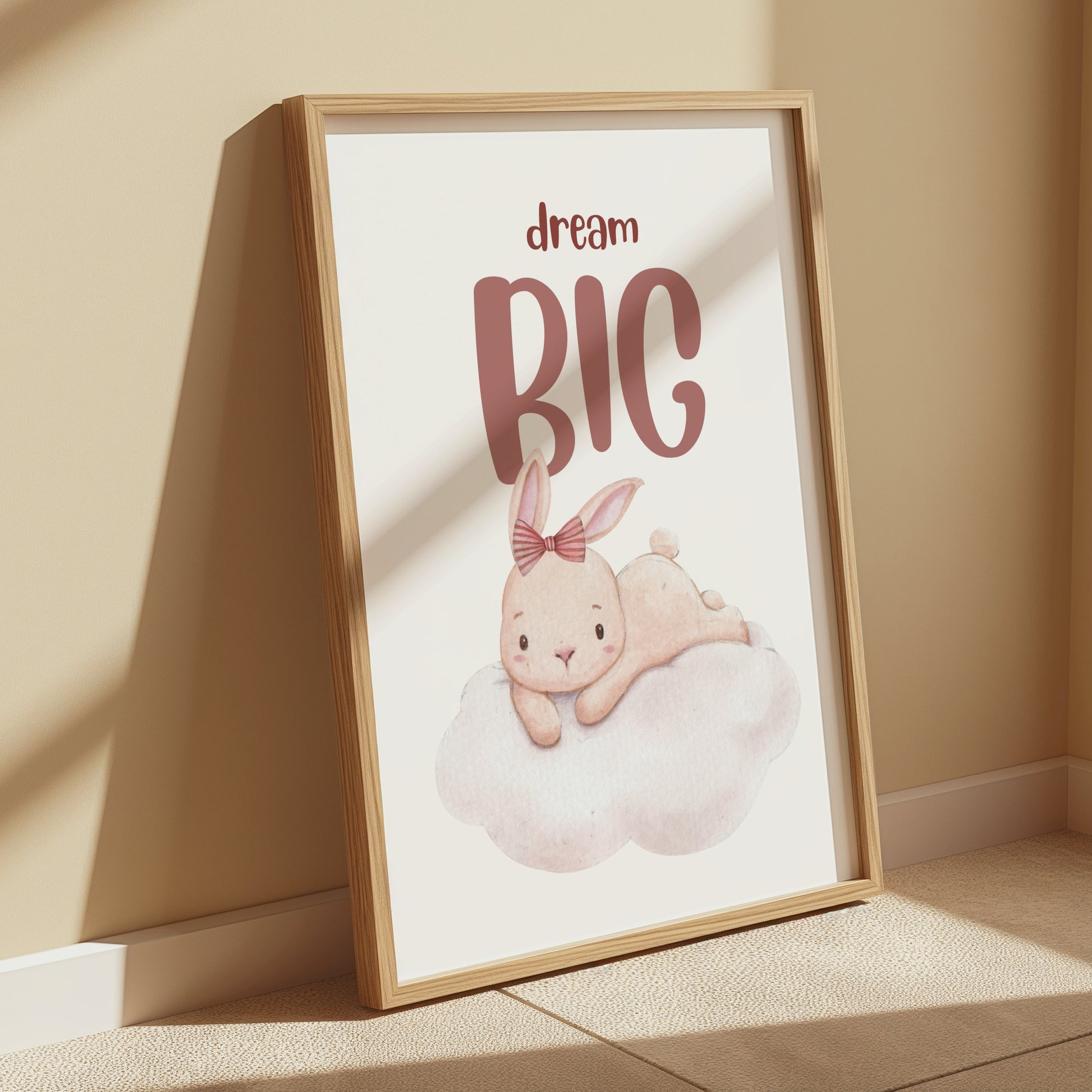 Premium Poster of Dream Big Cute Bunny Lying on Cloud Posters