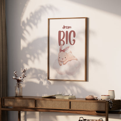 Premium Poster of Dream Big Cute Bunny Lying on Cloud Posters