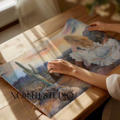 Premium Poster of Dreamy Desert Sunset Woman Art Print Posters