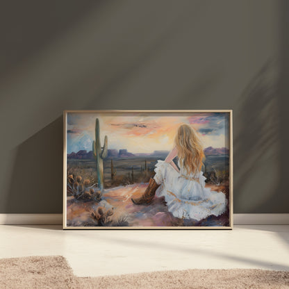 Premium Poster of Dreamy Desert Sunset Woman Art Print Posters