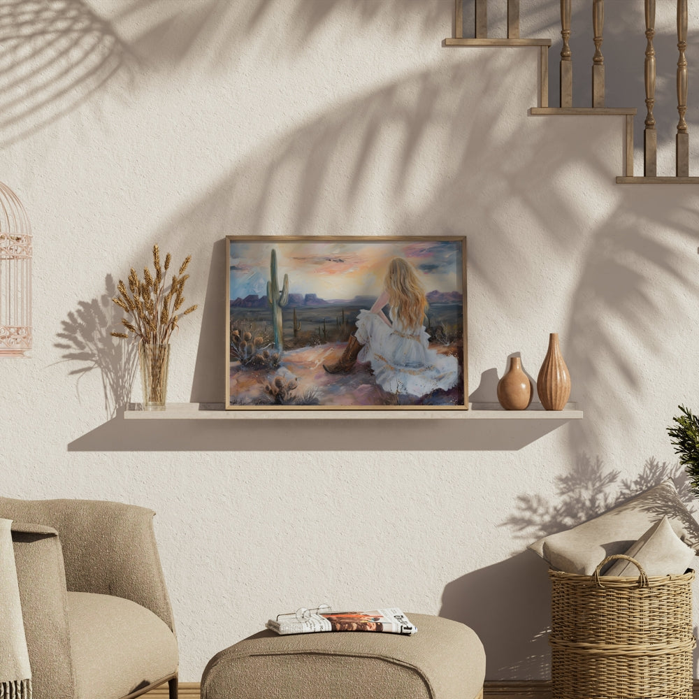 Premium Poster of Dreamy Desert Sunset Woman Art Print Posters
