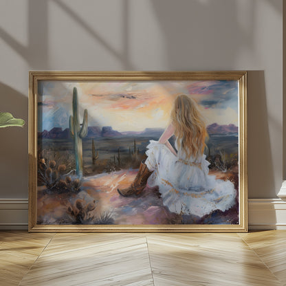 Premium Poster of Dreamy Desert Sunset Woman Art Print Posters