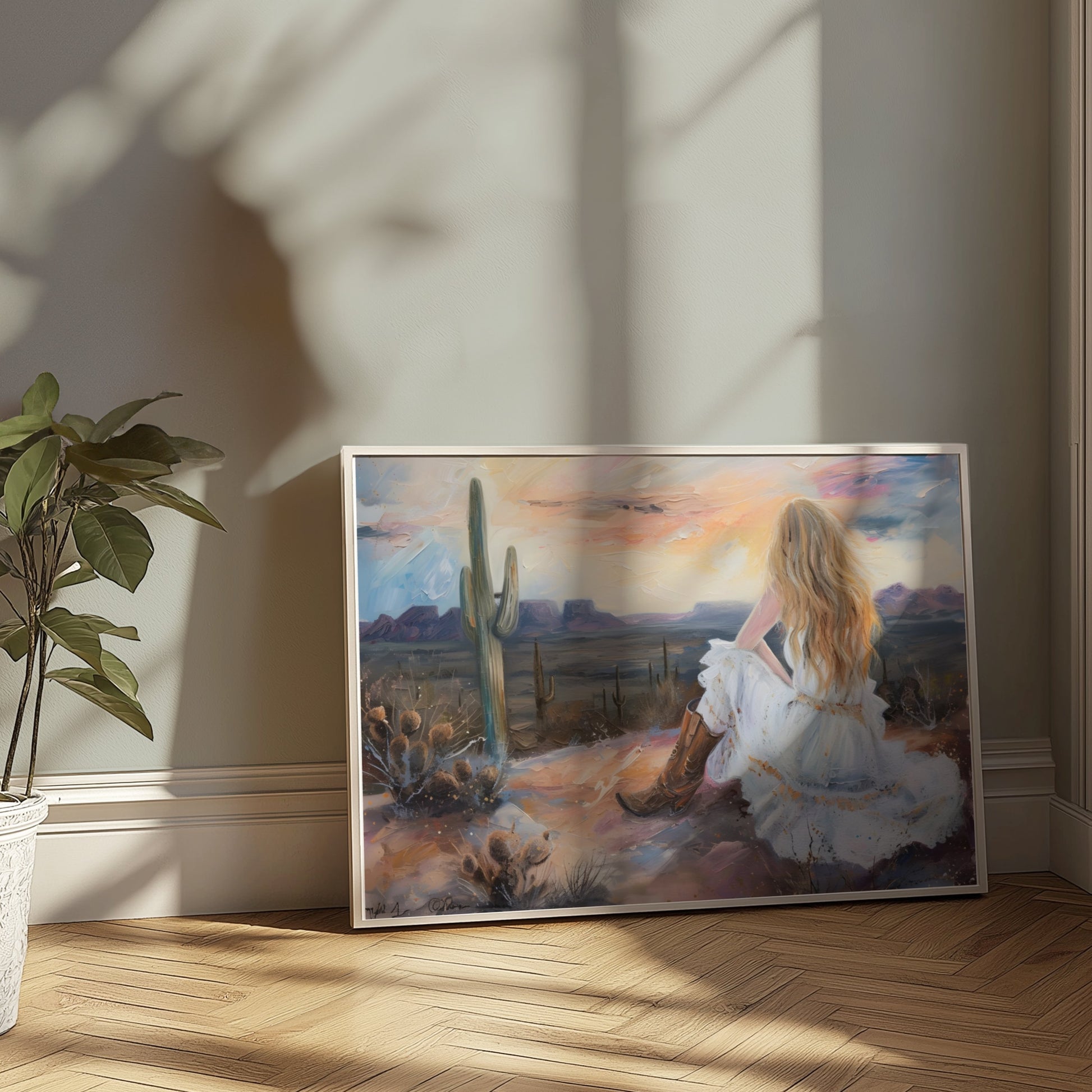 Premium Poster of Dreamy Desert Sunset Woman Art Print Posters
