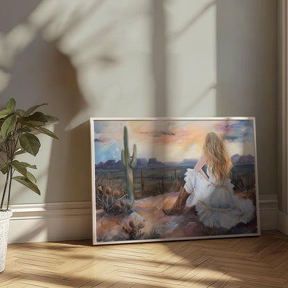 Premium Poster of Dreamy Desert Sunset Woman Art Print Posters