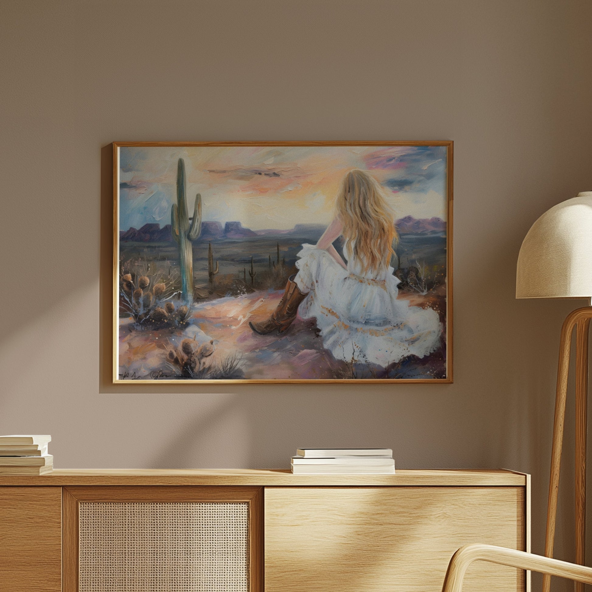Premium Poster of Dreamy Desert Sunset Woman Art Print Posters