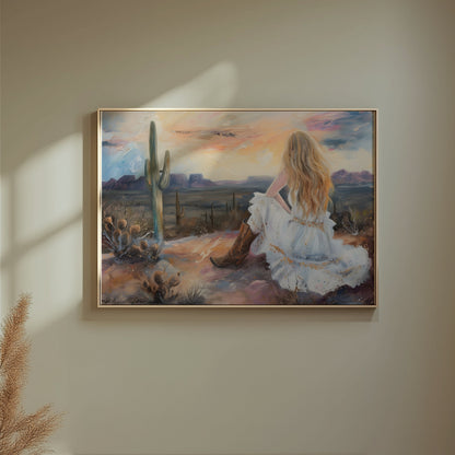 Premium Poster of Dreamy Desert Sunset Woman Art Print Posters