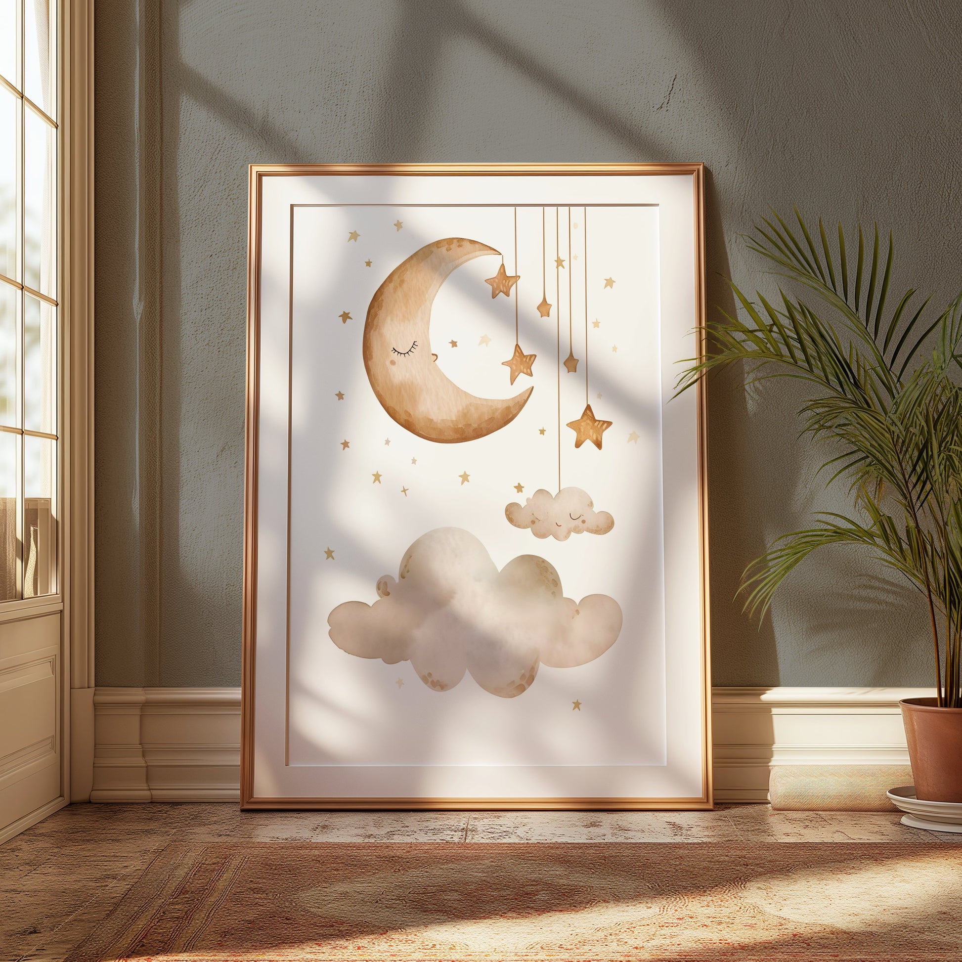 Framed moon and stars poster with soft clouds, styled in a sunlit corner with natural decor elements like plants and wooden accents.