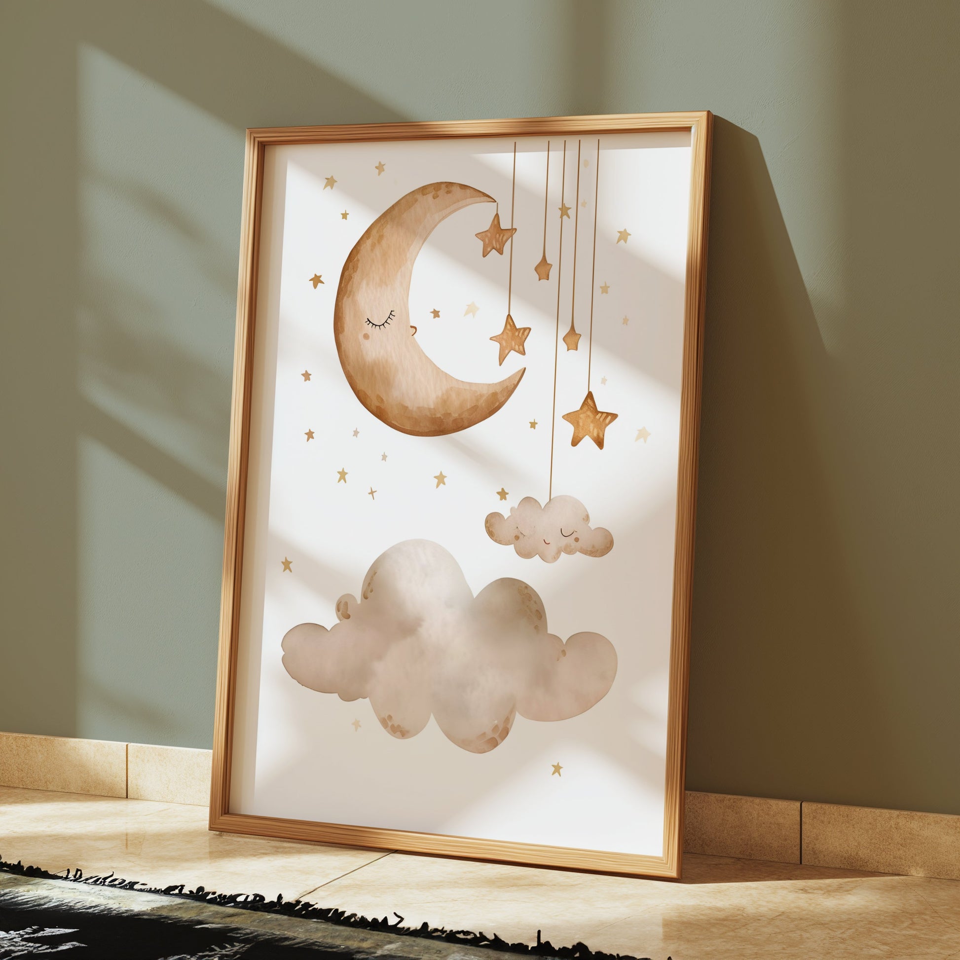 Framed nursery poster with a crescent moon, stars, and clouds, styled in a minimalist room with soft sunlight and neutral tones.