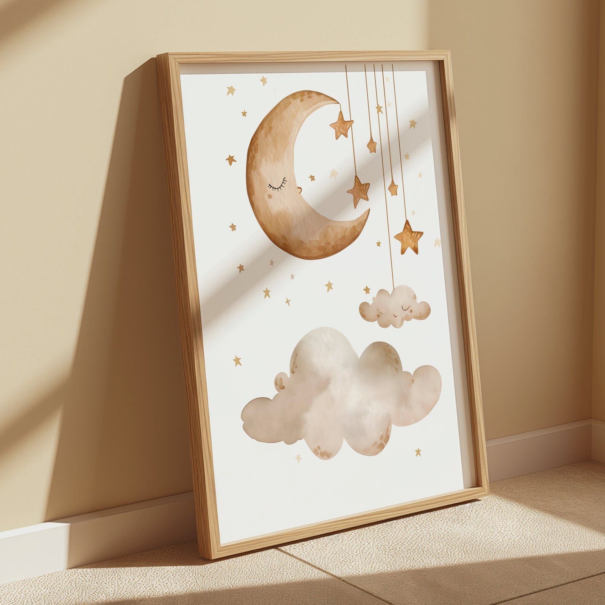 Dreamy moon and stars nursery poster leaning against a beige wall, bathed in warm sunlight, ideal for kids' room decor.