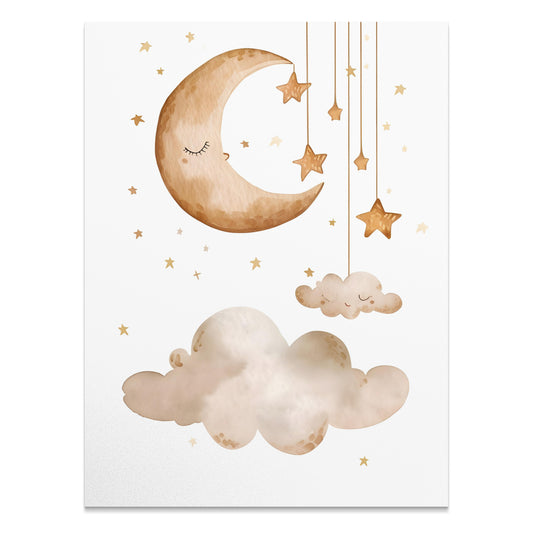 Dreamy nursery wall poster featuring a sleepy crescent moon, hanging stars, and fluffy clouds in soft beige tones with golden accents.