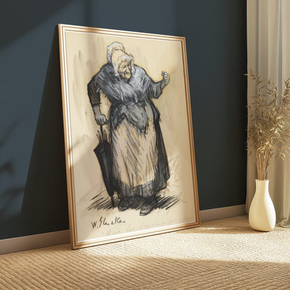 Premium Poster of Elderly Woman with Cane in Traditional Clothing Posters