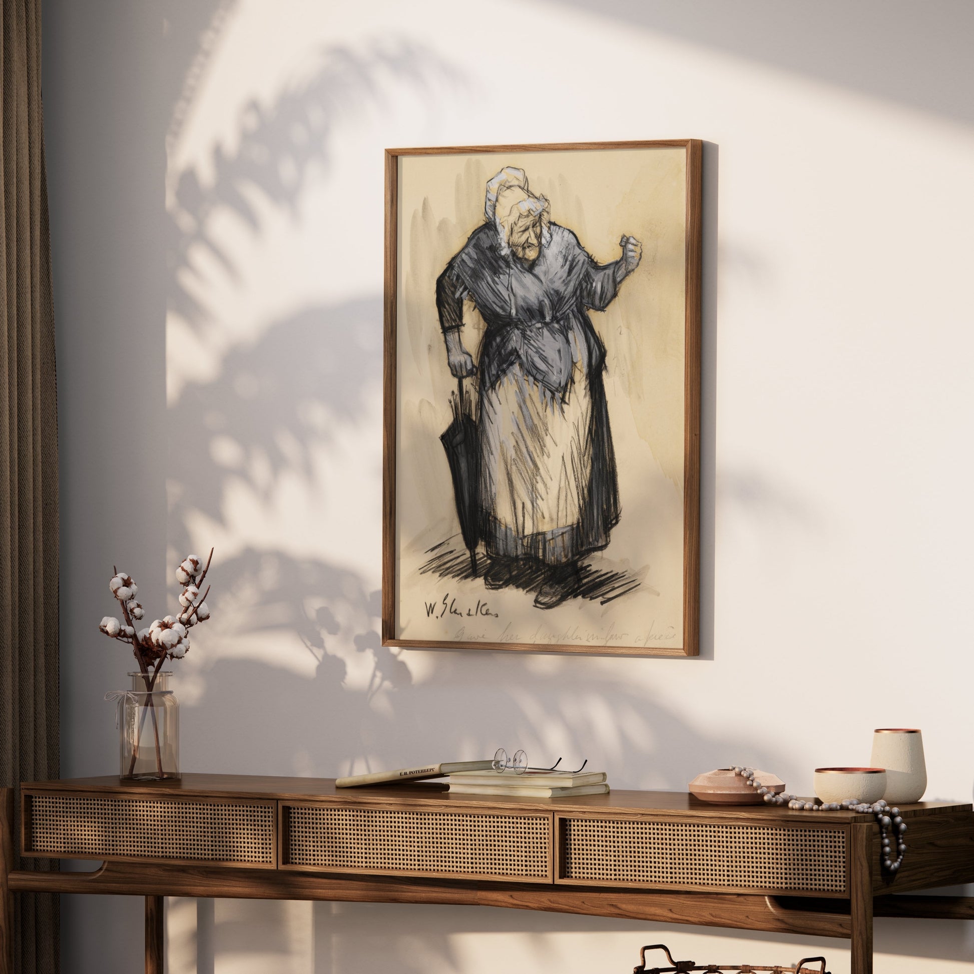 Premium Poster of Elderly Woman with Cane in Traditional Clothing Posters