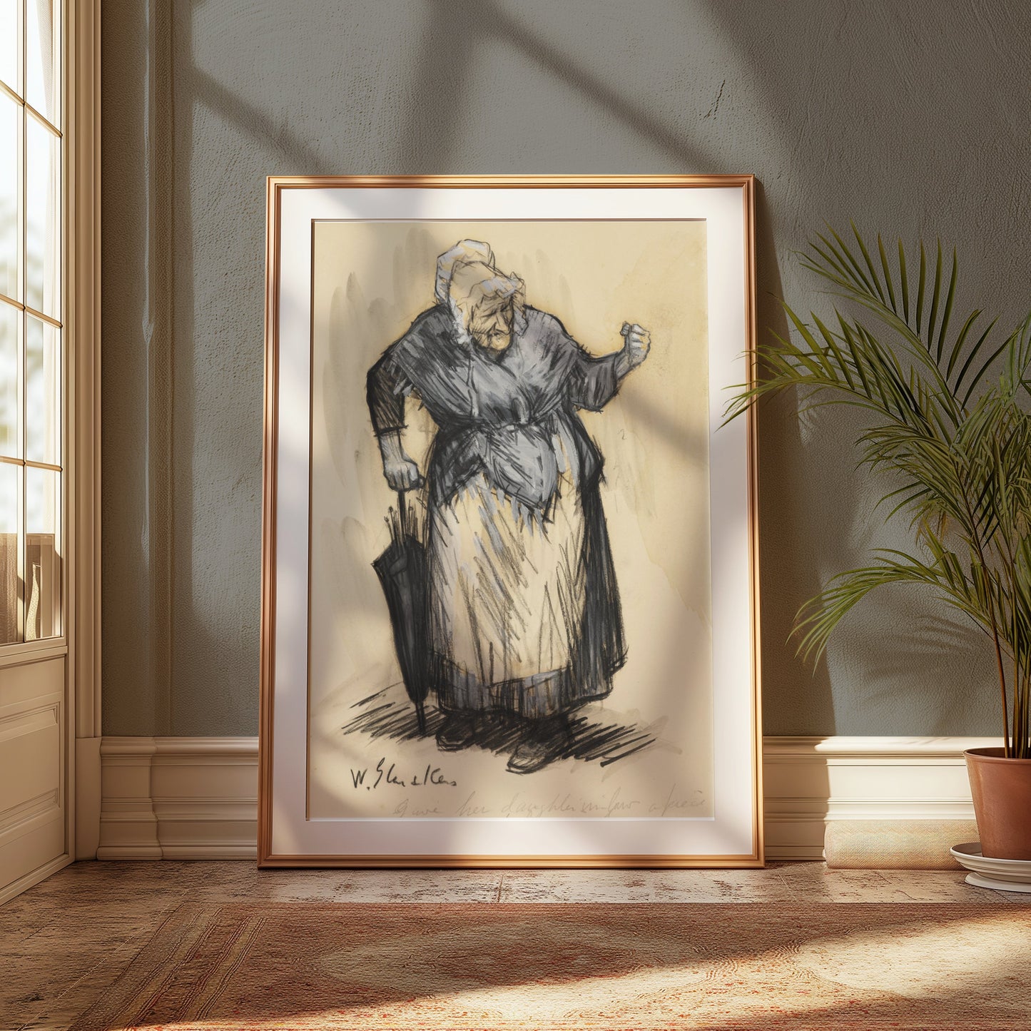 Premium Poster of Elderly Woman with Cane in Traditional Clothing Posters