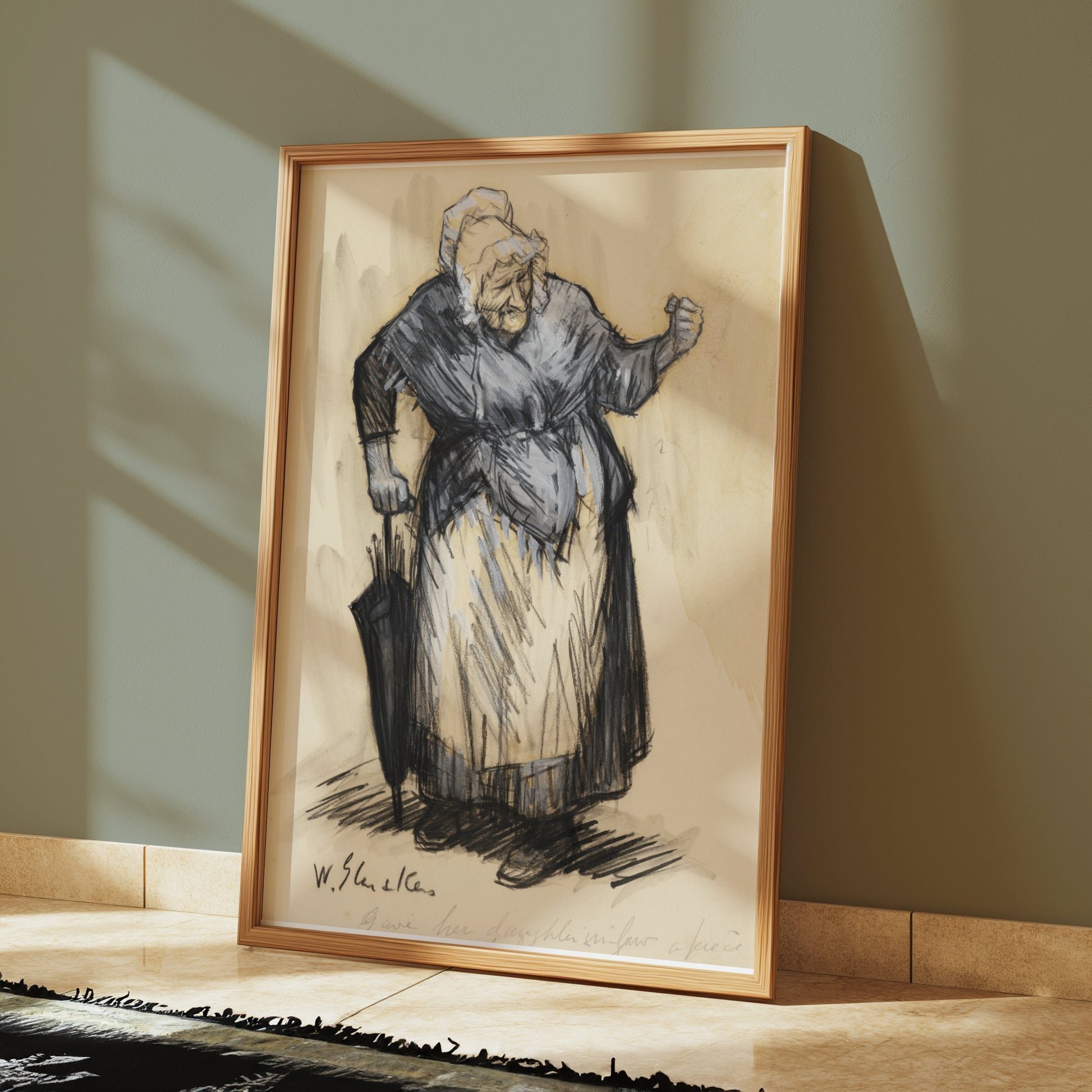 Premium Poster of Elderly Woman with Cane in Traditional Clothing Posters