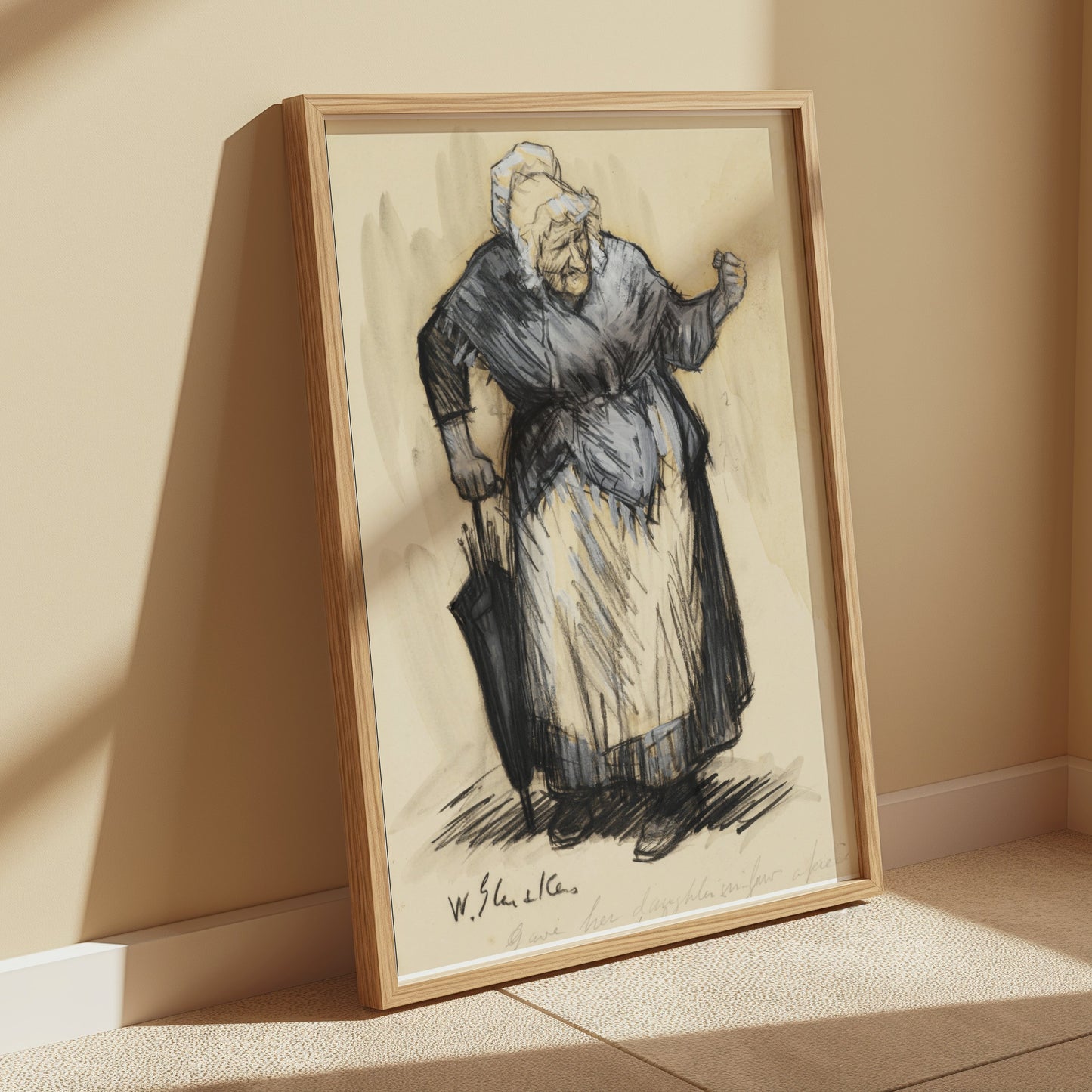 Premium Poster of Elderly Woman with Cane in Traditional Clothing Posters
