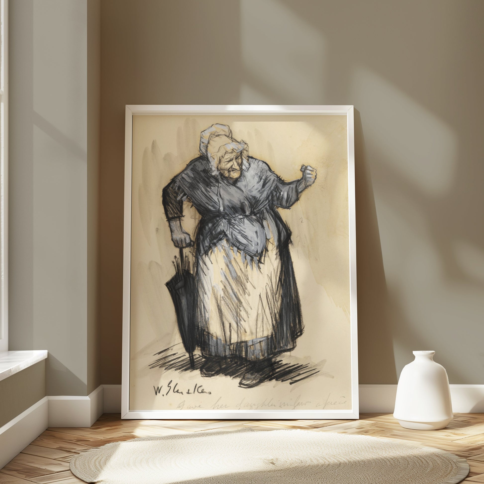 Premium Poster of Elderly Woman with Cane in Traditional Clothing Posters