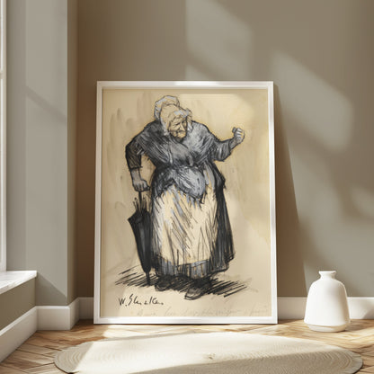 Premium Poster of Elderly Woman with Cane in Traditional Clothing Posters