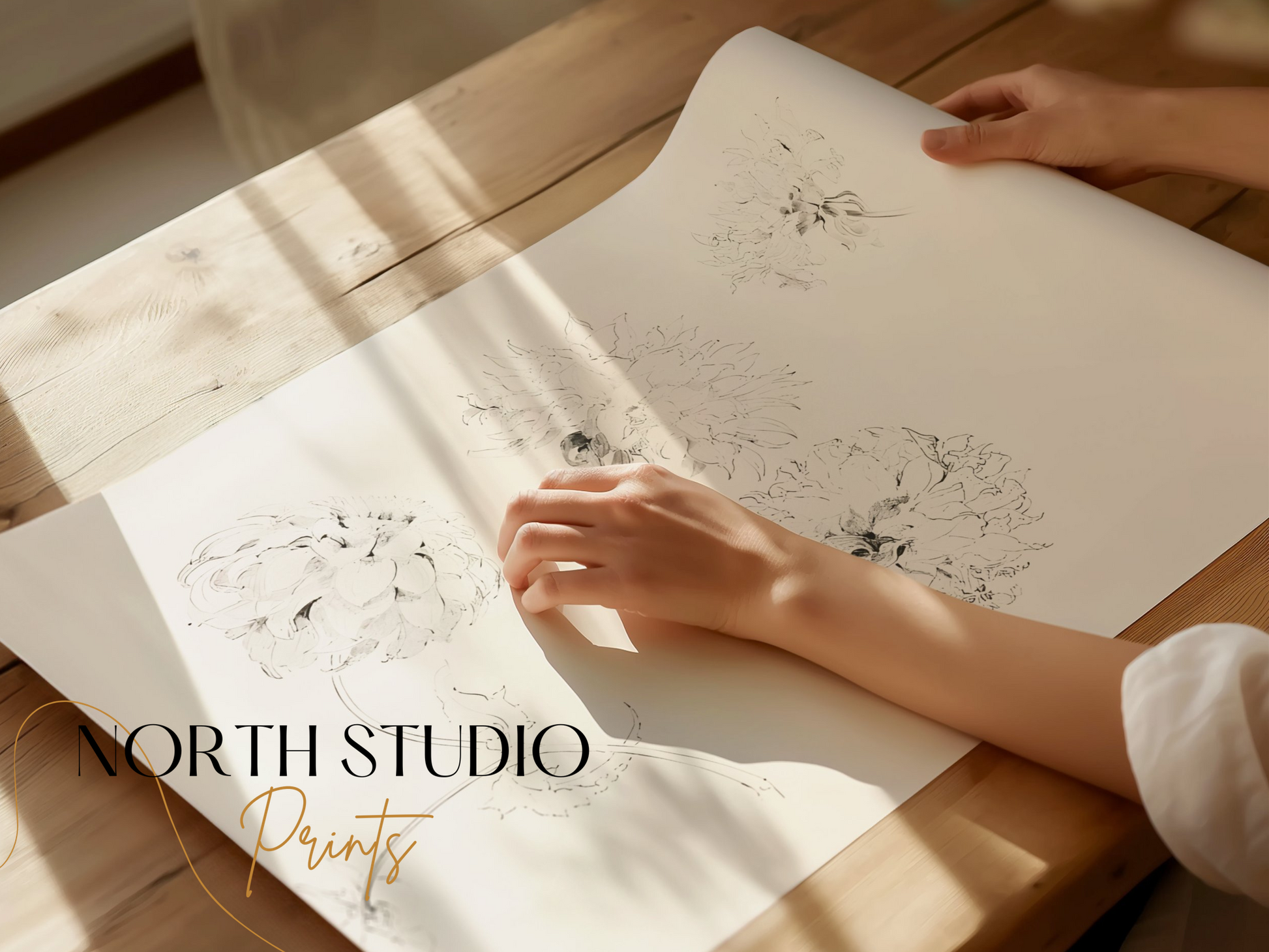 Premium Poster of Elegant Art Sketch of Flowers on Beige Background Posters