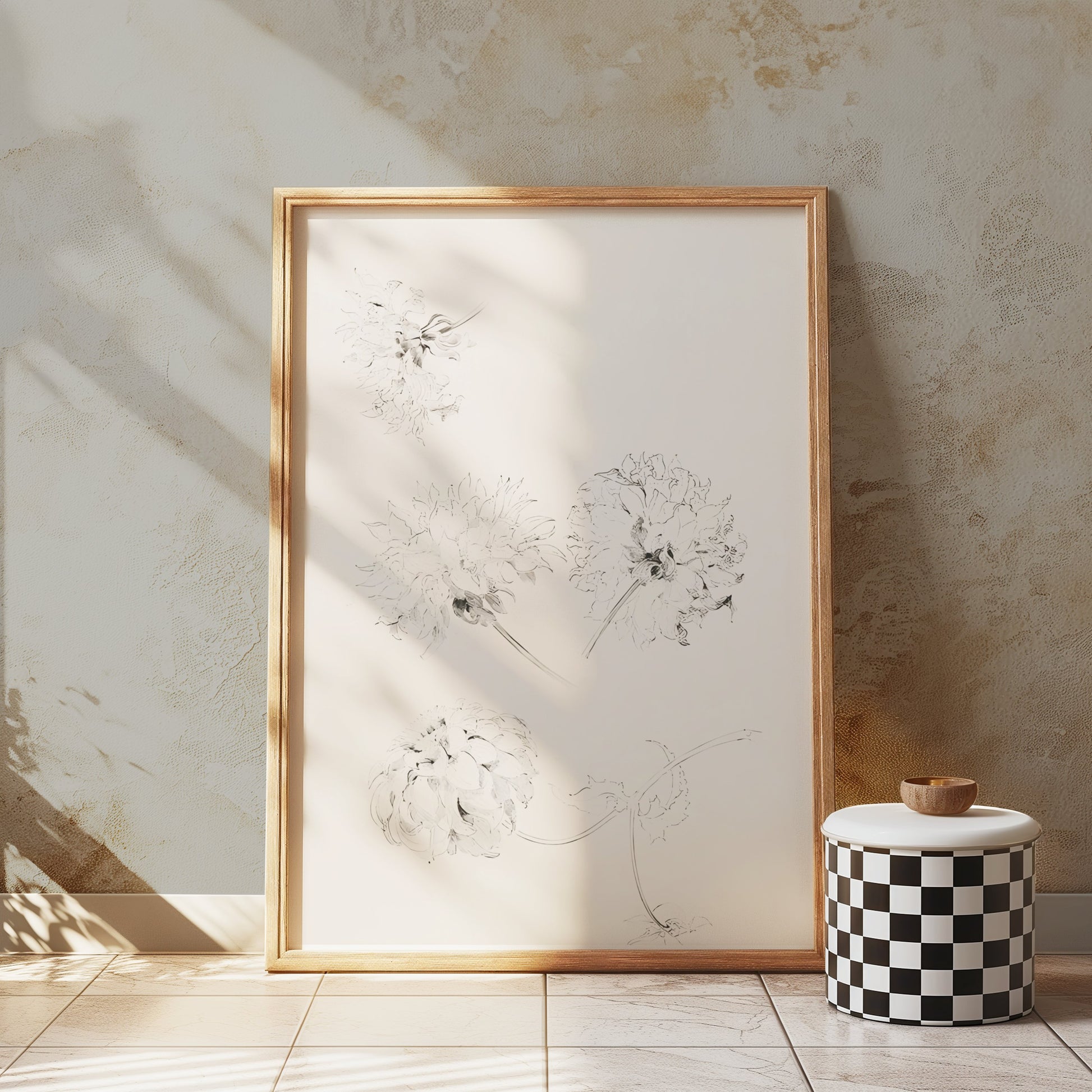 Premium Poster of Elegant Art Sketch of Flowers on Beige Background Posters
