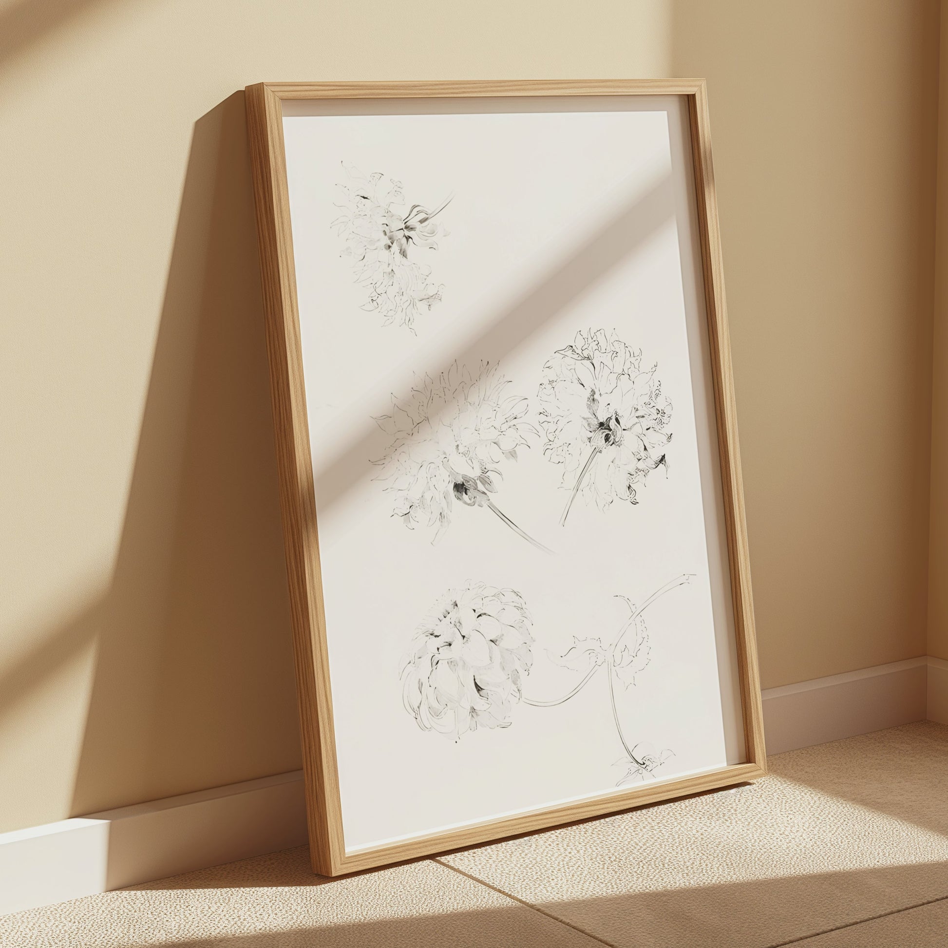 Premium Poster of Elegant Art Sketch of Flowers on Beige Background Posters