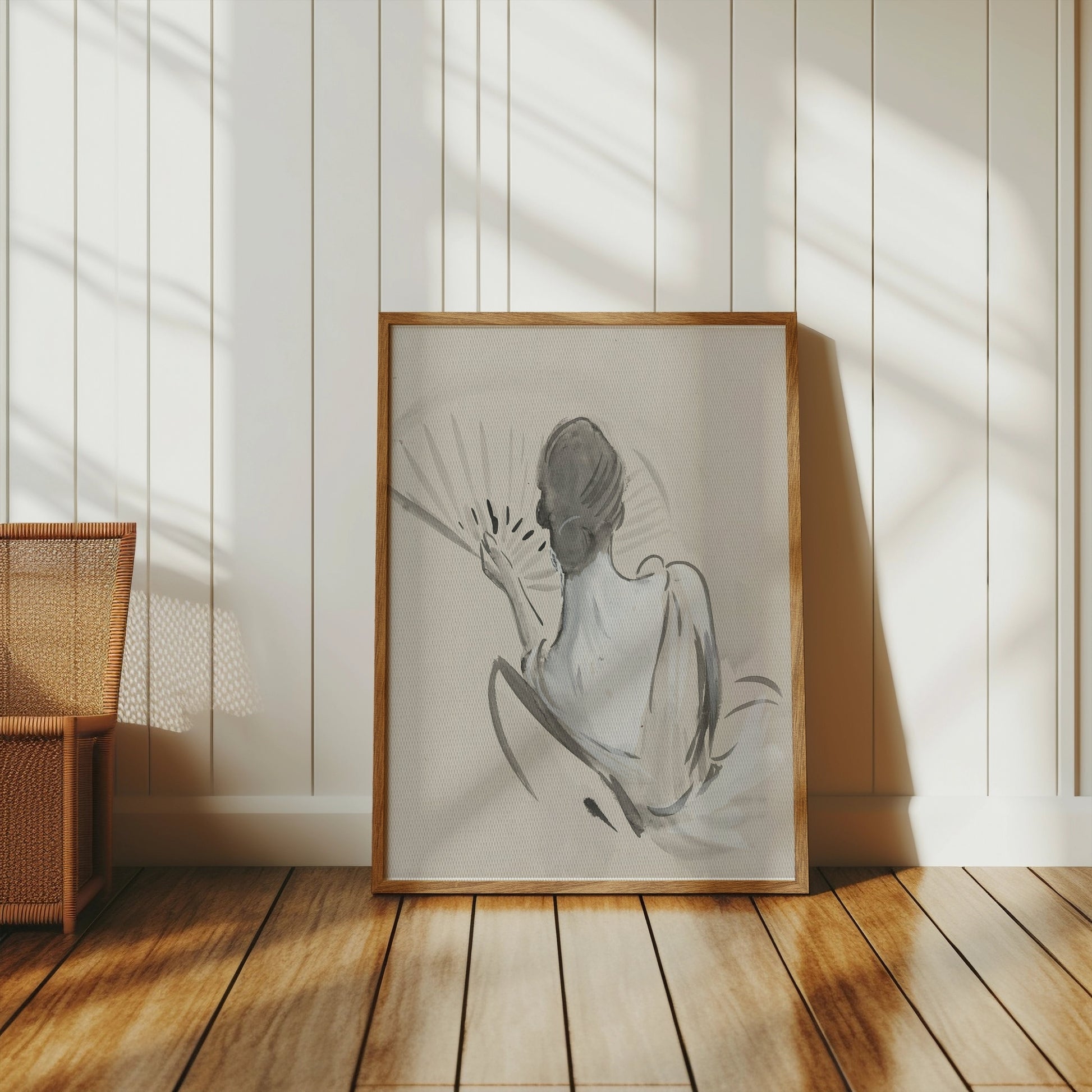 Premium Poster of Elegant Back View Painting of Woman with Fan Posters