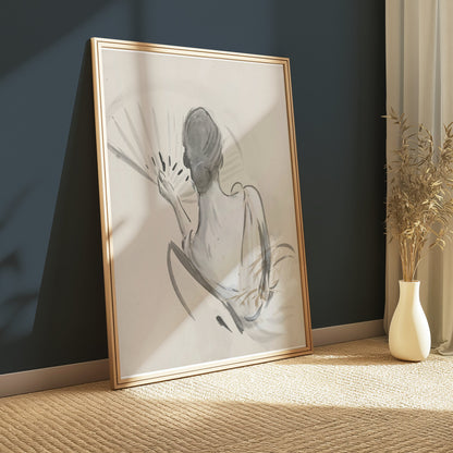 Premium Poster of Elegant Back View Painting of Woman with Fan Posters