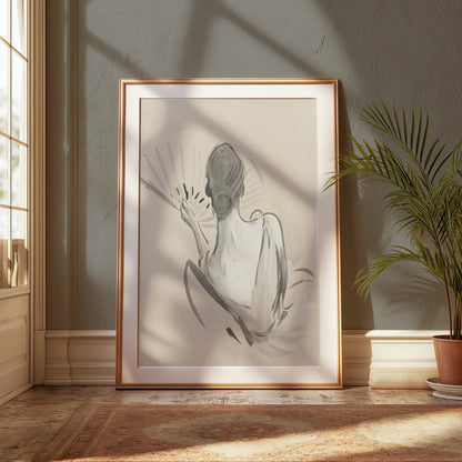 Premium Poster of Elegant Back View Painting of Woman with Fan Posters