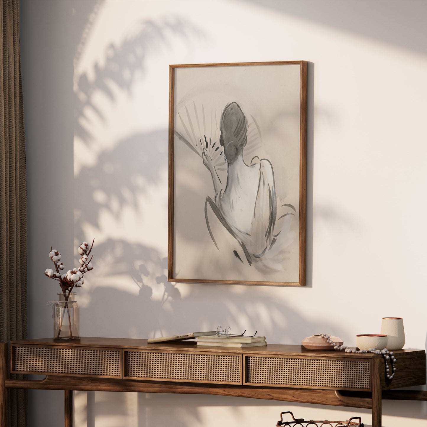 Premium Poster of Elegant Back View Painting of Woman with Fan Posters