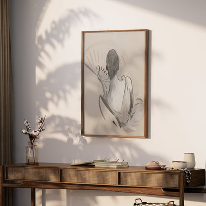 Premium Poster of Elegant Back View Painting of Woman with Fan Posters