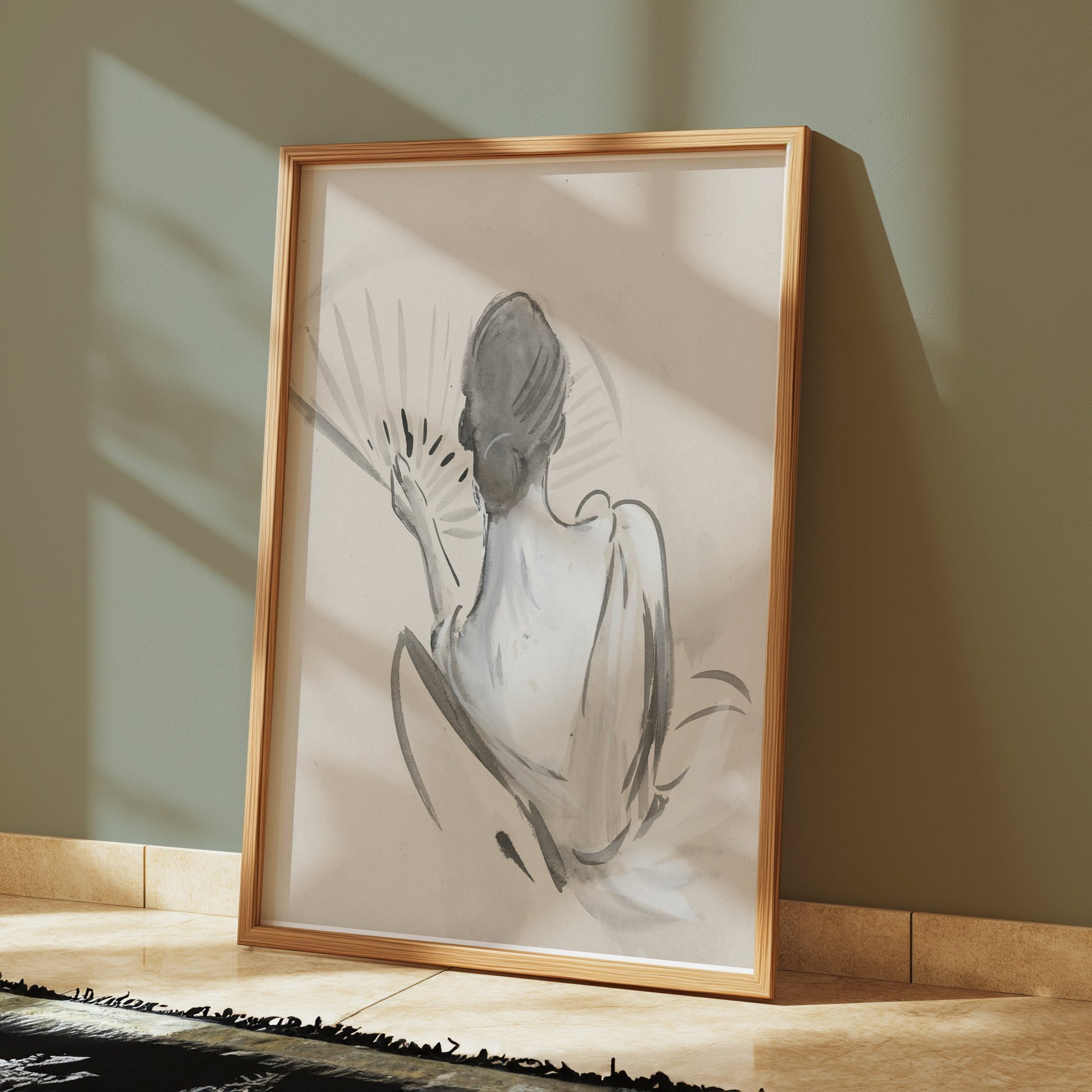 Premium Poster of Elegant Back View Painting of Woman with Fan Posters