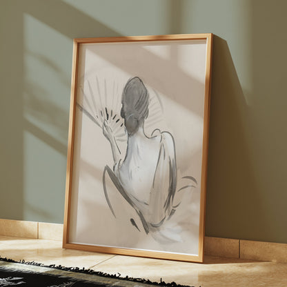 Premium Poster of Elegant Back View Painting of Woman with Fan Posters